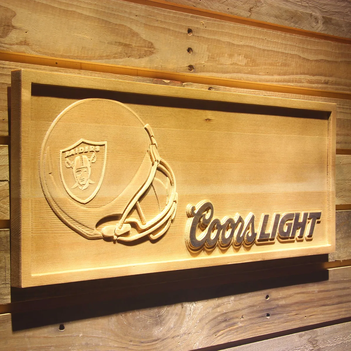 Oakland Raiders Coors Light Helmet Wood Sign
